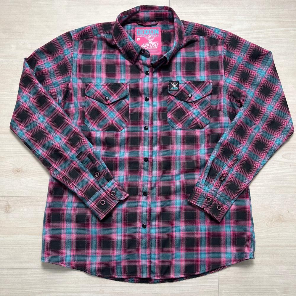 Dixxon Flannel Co x Shreddy Lyfe Pink Teal Plaid D-Tech Shirt Women L